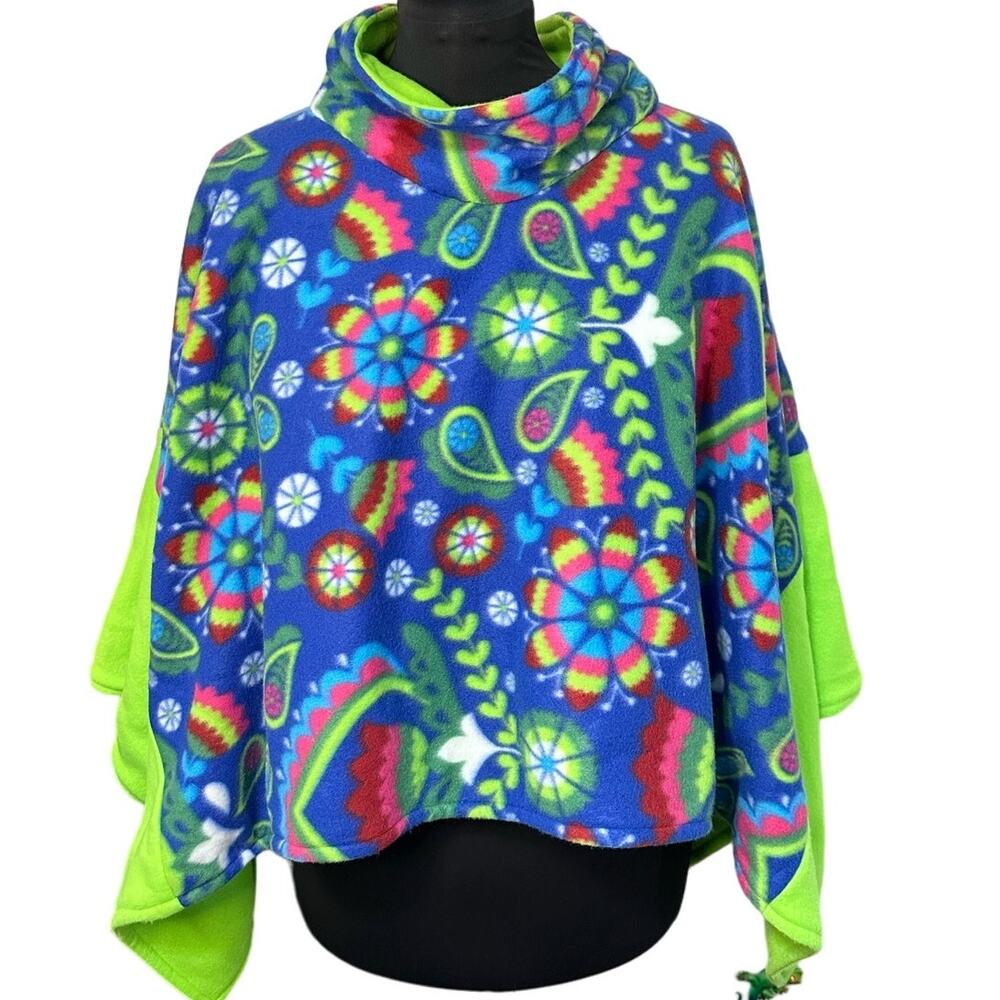 Retro 70s Inspired Blue and Green Fleece Hippie Print Cape Poncho OS
